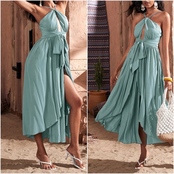 Dresses & Skirts - Boho Mint Belted Halter Ruffle Front Slit Dress